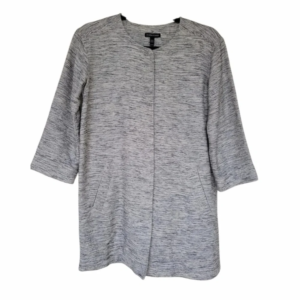 Eileen Fisher Ecru Long Knit Tweed Jacket Knit Black Cream Pockets Snap‎ XL - Picture 2 of 9